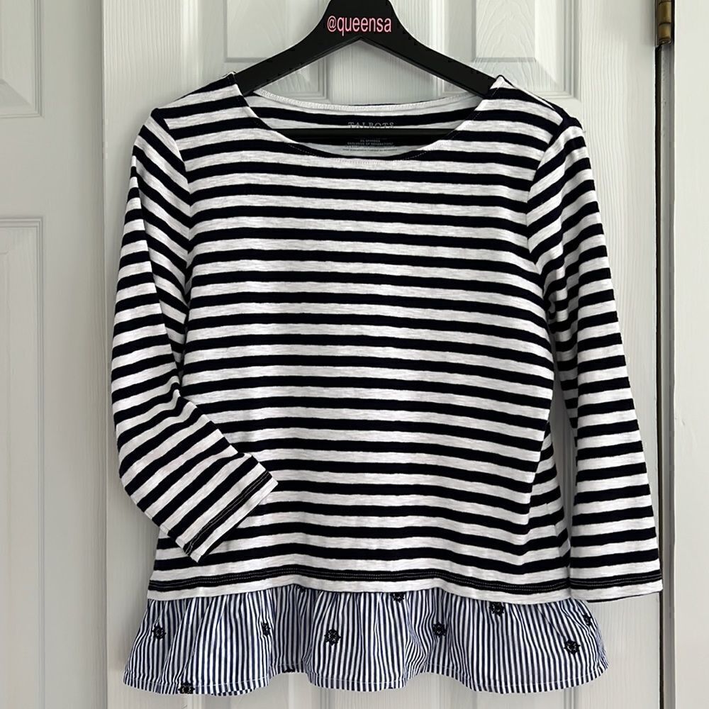 Talbots Blue Nautical Stripe Boatneck Ruffle Hem Top
